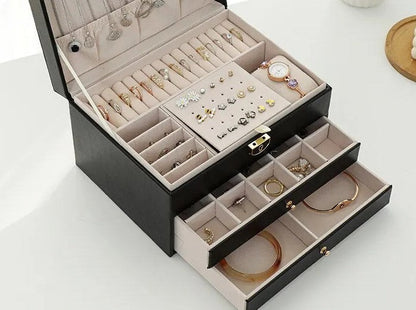Faux Leather Jewellery Box with 3 Layers, Drawers and Lock