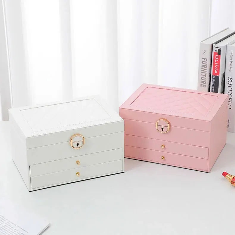 Faux Leather Jewellery Box with 3 Layers, Drawers and Lock