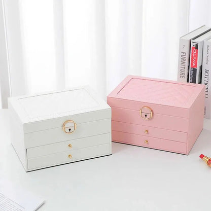 Faux Leather Jewellery Box with 3 Layers, Drawers and Lock