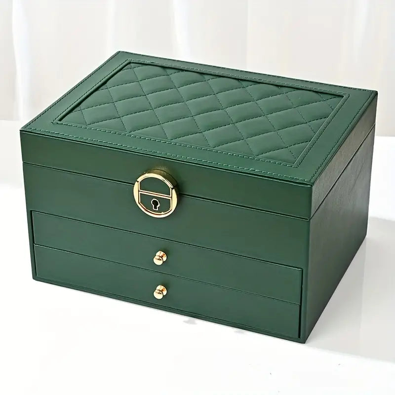 Faux Leather Jewellery Box with 3 Layers, Drawers and Lock