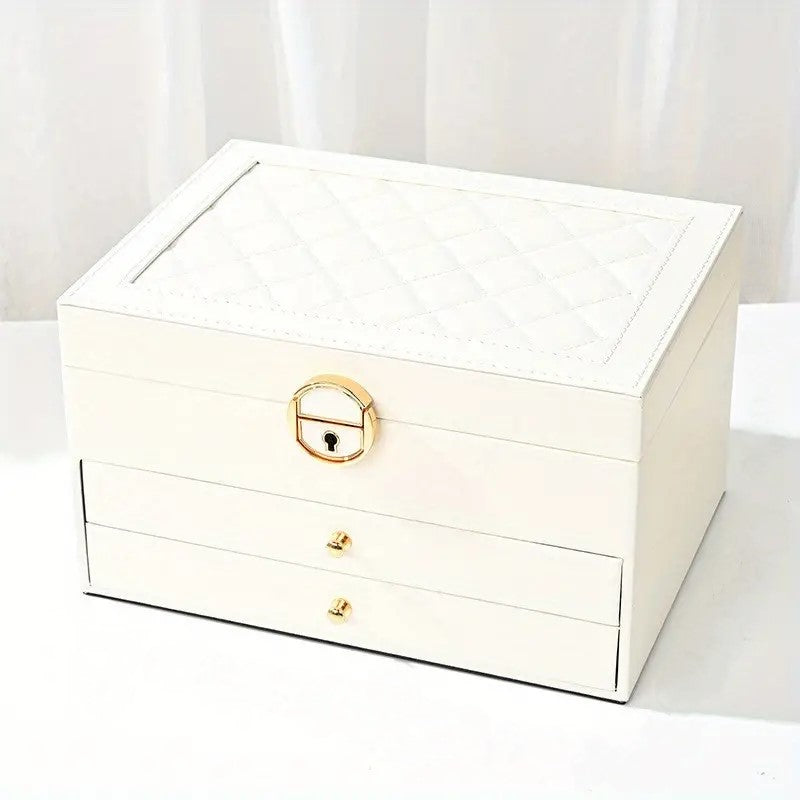 Faux Leather Jewellery Box with 3 Layers, Drawers and Lock