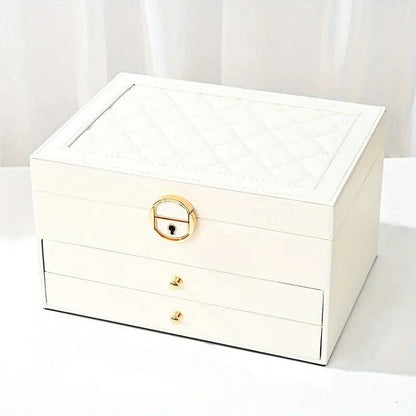 Faux Leather Jewellery Box with 3 Layers, Drawers and Lock