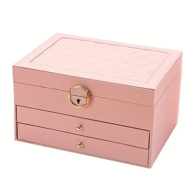 Faux Leather Jewellery Box with 3 Layers, Drawers and Lock