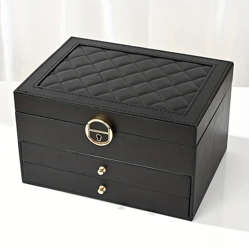 Faux Leather Jewellery Box with 3 Layers, Drawers and Lock