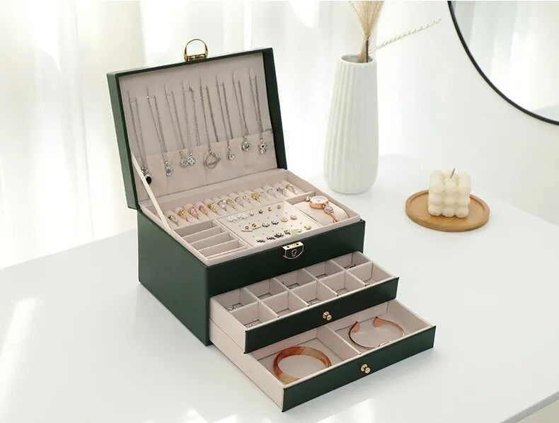 Faux Leather Jewellery Box with 3 Layers, Drawers and Lock