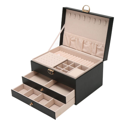 Faux Leather Jewellery Box with 3 Layers, Drawers and Lock