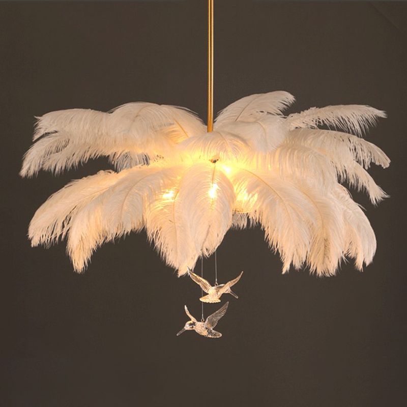 Feather Chandelier Bohemian with Decorative Bird Pendants and Acrylic Shade