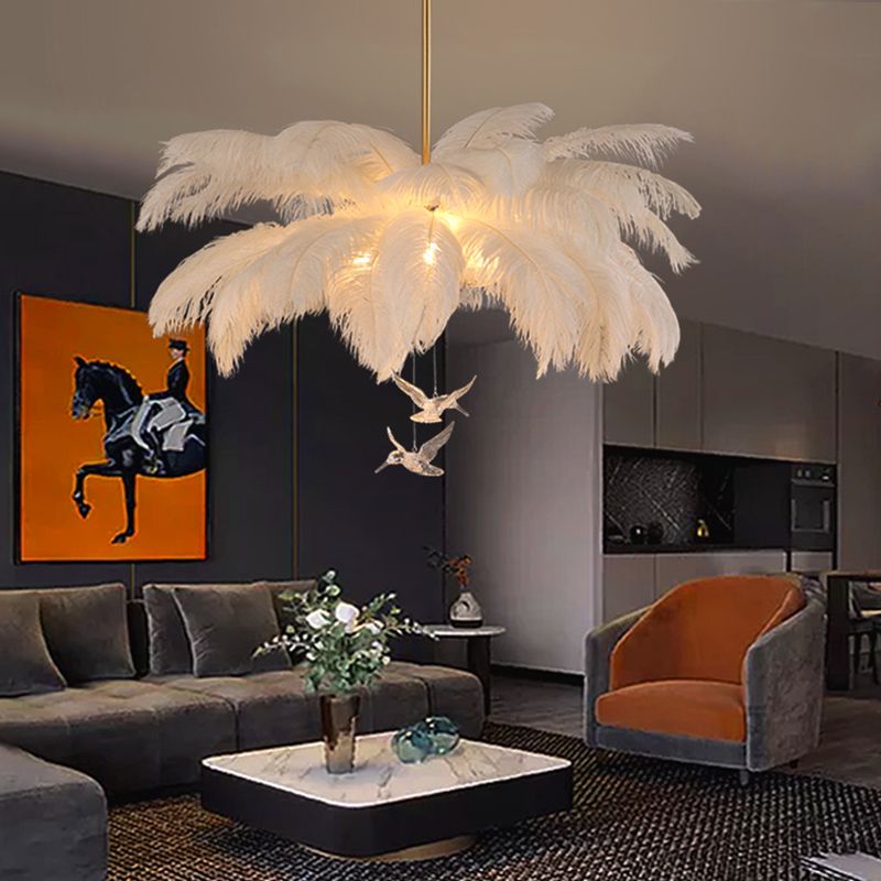 Feather Chandelier Bohemian with Decorative Bird Pendants and Acrylic Shade