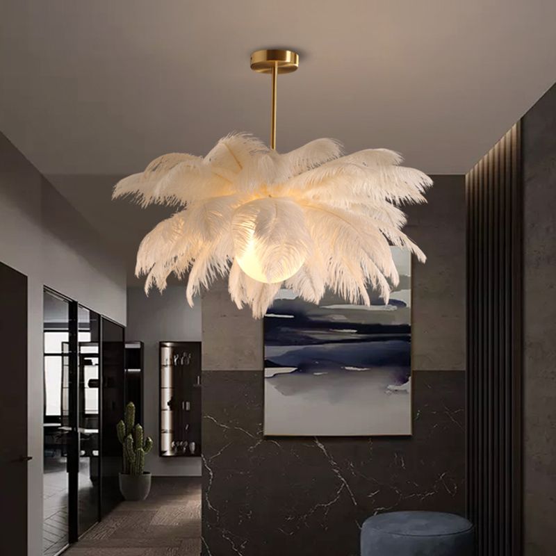 Feather Chandelier Bohemian with Decorative Bird Pendants and Acrylic Shade