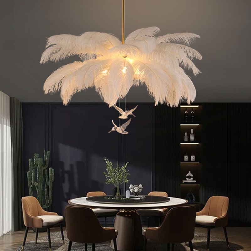 Feather Chandelier Bohemian with Decorative Bird Pendants and Acrylic Shade