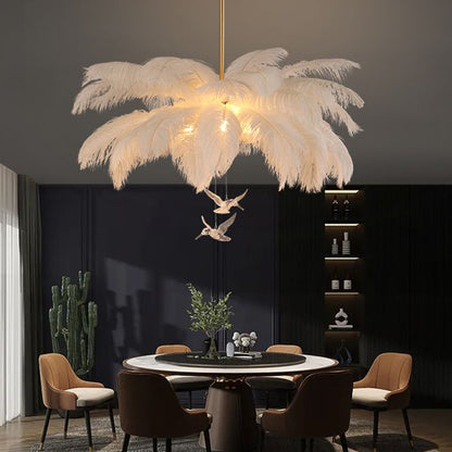 Feather Chandelier Bohemian with Decorative Bird Pendants and Acrylic Shade