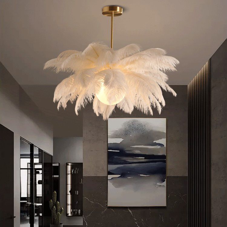 Feather Chandelier Bohemian with Decorative Bird Pendants and Acrylic Shade