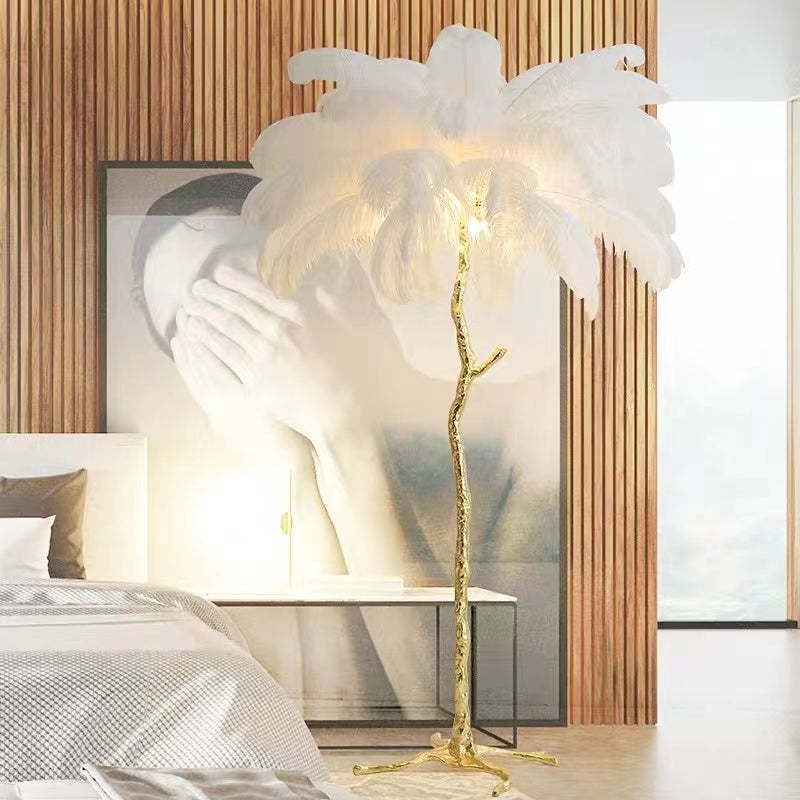 Feather Floor Lamp and Table Lamp Bohemian with Ostrich Feather Shade and Branch Base
