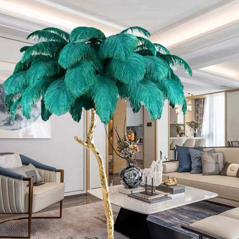 Feather Floor Lamp and Table Lamp Bohemian with Ostrich Feather Shade and Branch Base