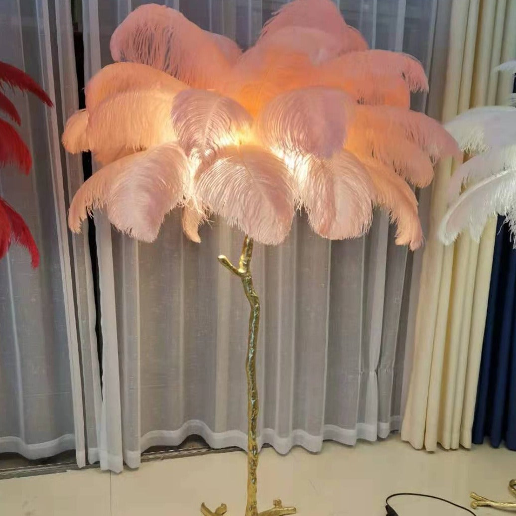 Feather Floor Lamp and Table Lamp Bohemian with Ostrich Feather Shade and Branch Base