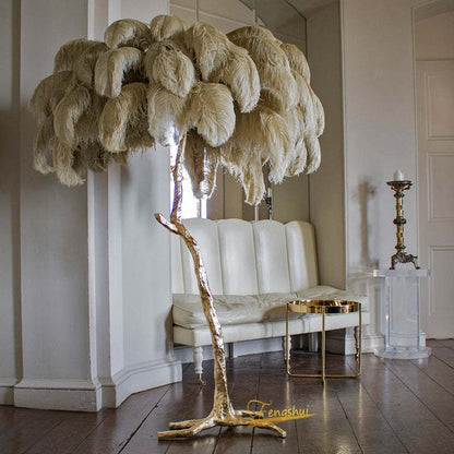 Feather Floor Lamp and Table Lamp Bohemian with Ostrich Feather Shade and Branch Base