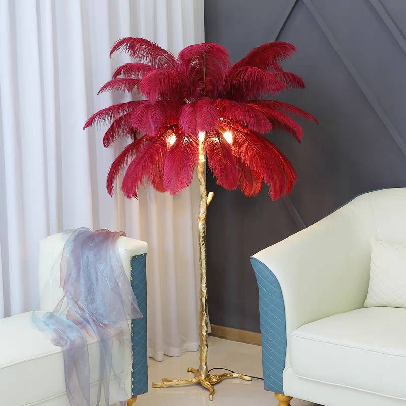 Feather Floor Lamp and Table Lamp Bohemian with Ostrich Feather Shade and Branch Base