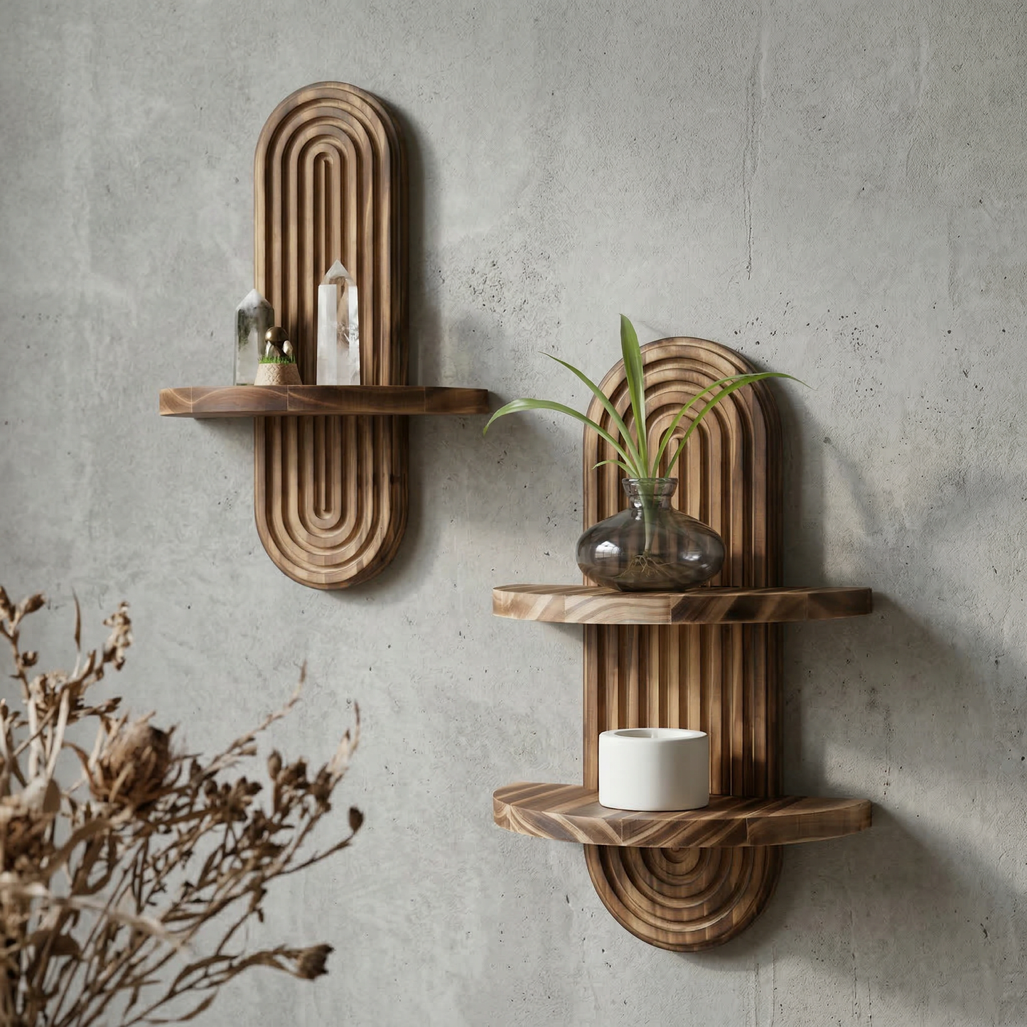 Floating Wall Shelf with Fluted Arch Backplate and Rounded Silhouette