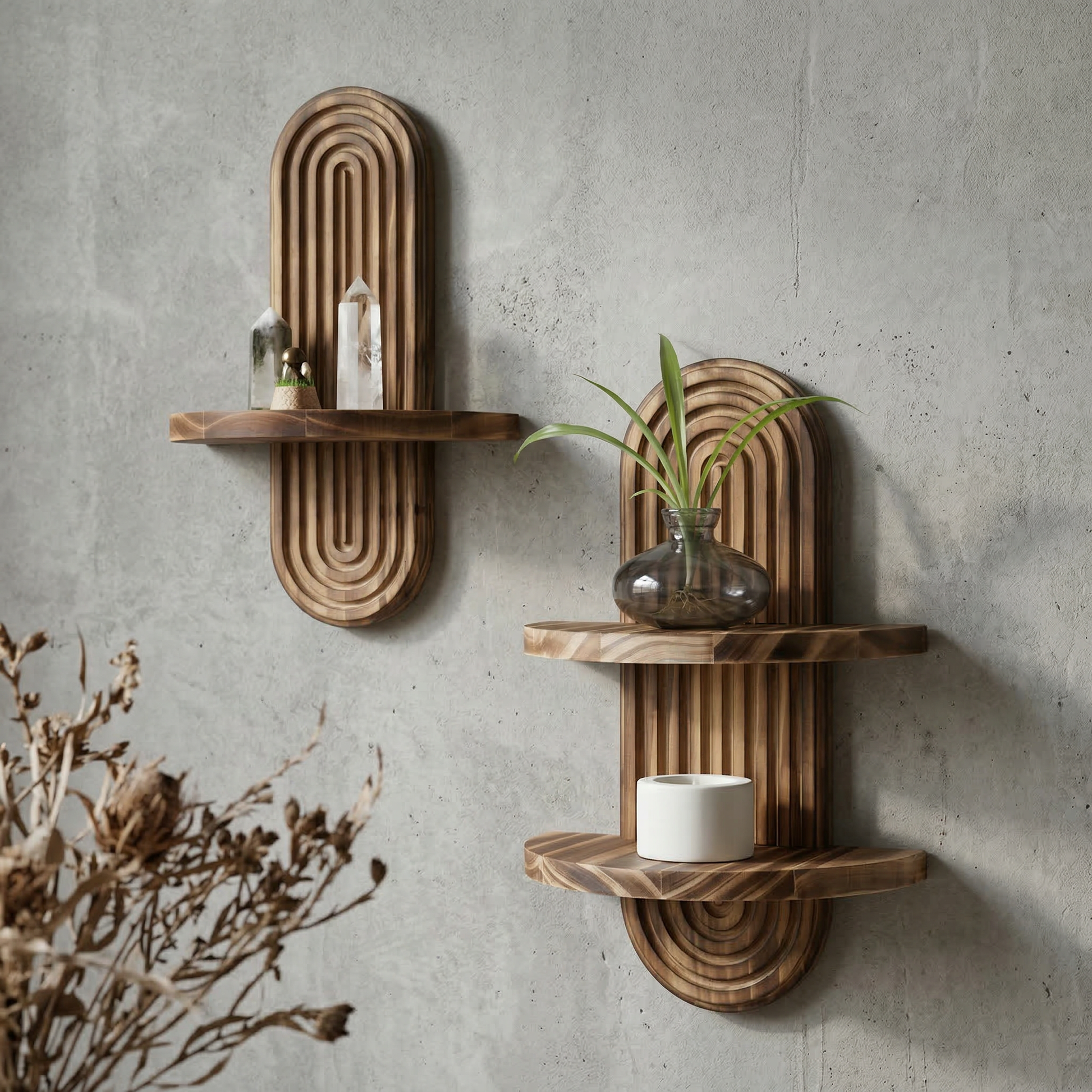 Floating Wall Shelf with Fluted Arch Backplate and Rounded Silhouette