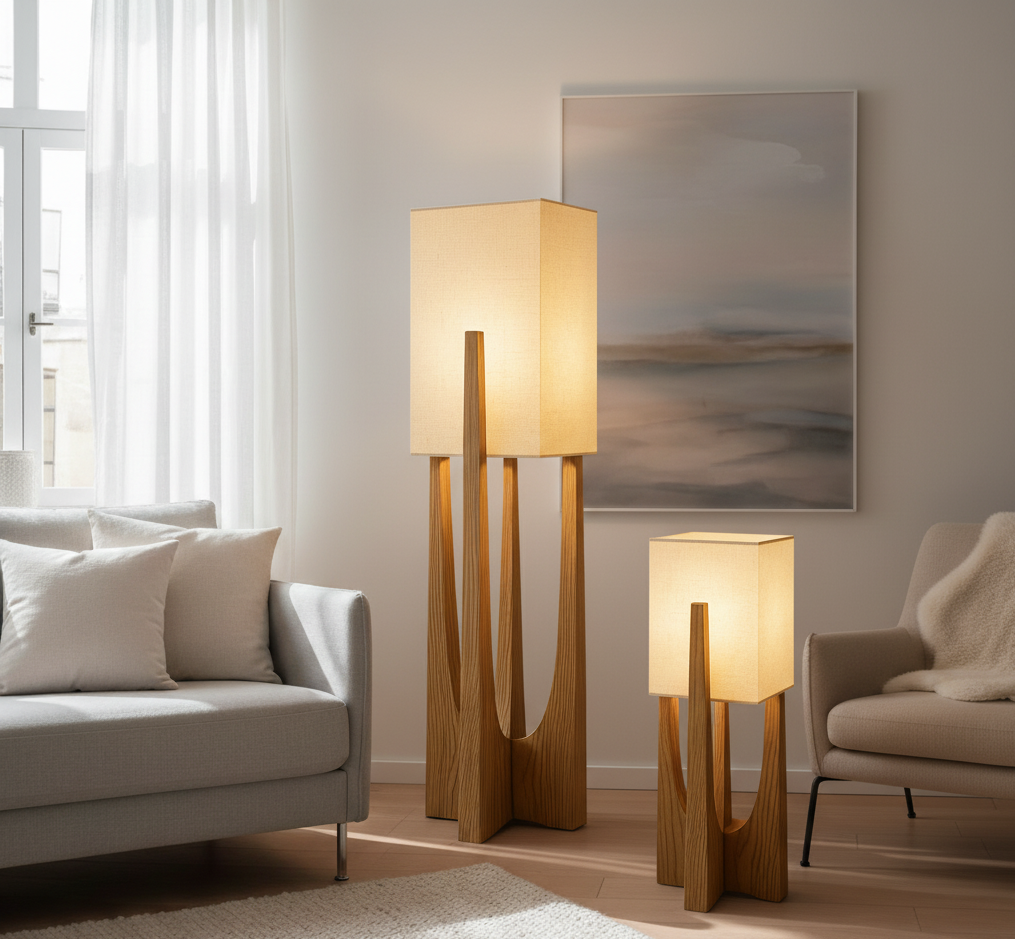 Floor Lamp Scandinavian Wood Base with Square Fabric Shade