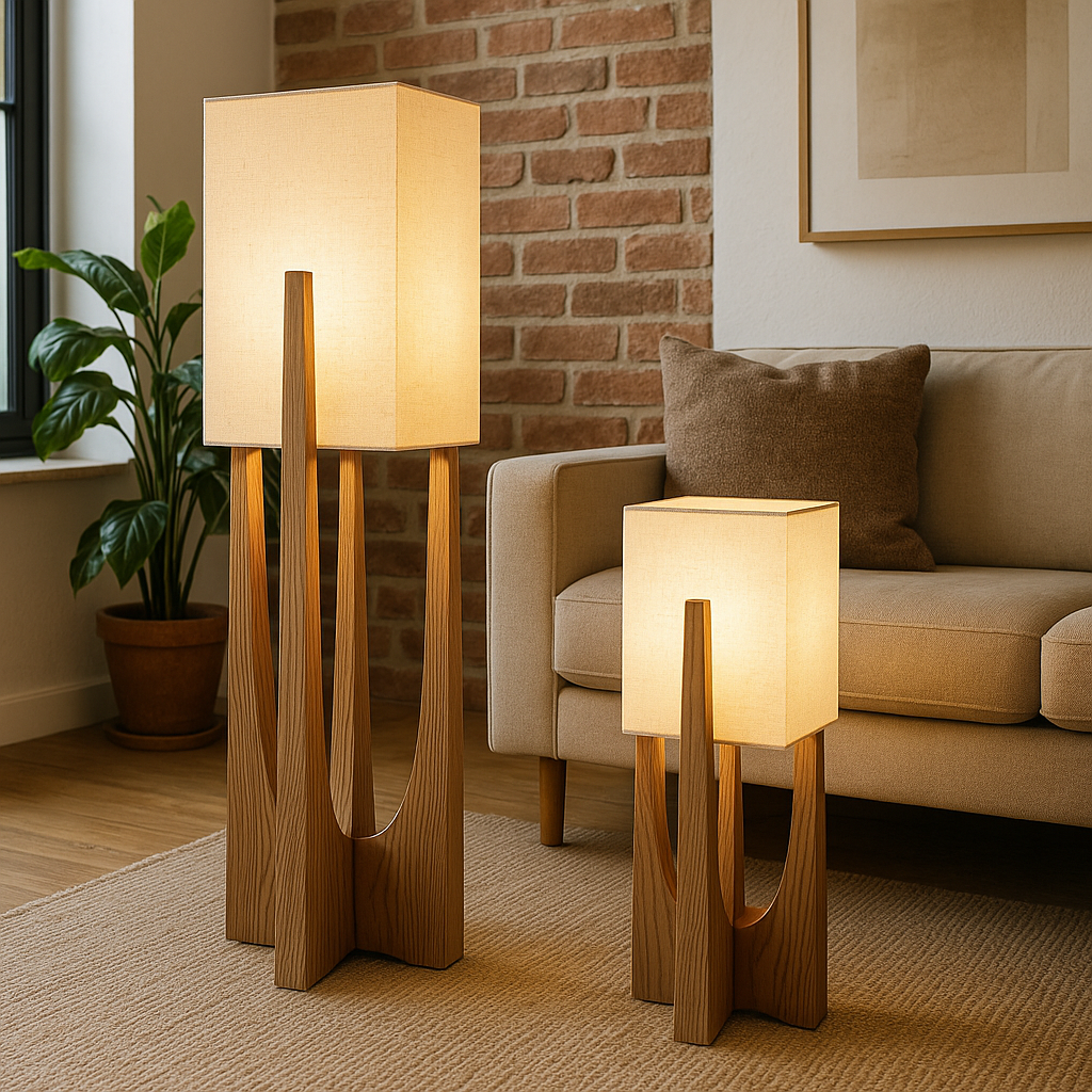 Floor Lamp Scandinavian Wood Base with Square Fabric Shade