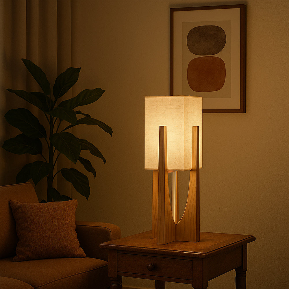 Floor Lamp Scandinavian Wood Base with Square Fabric Shade