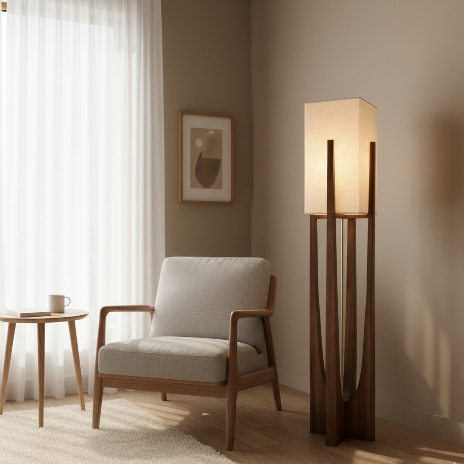 Floor Lamp Scandinavian Wood Base with Square Fabric Shade