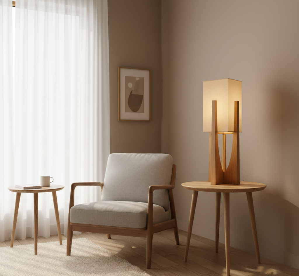 Floor Lamp Scandinavian Wood Base with Square Fabric Shade
