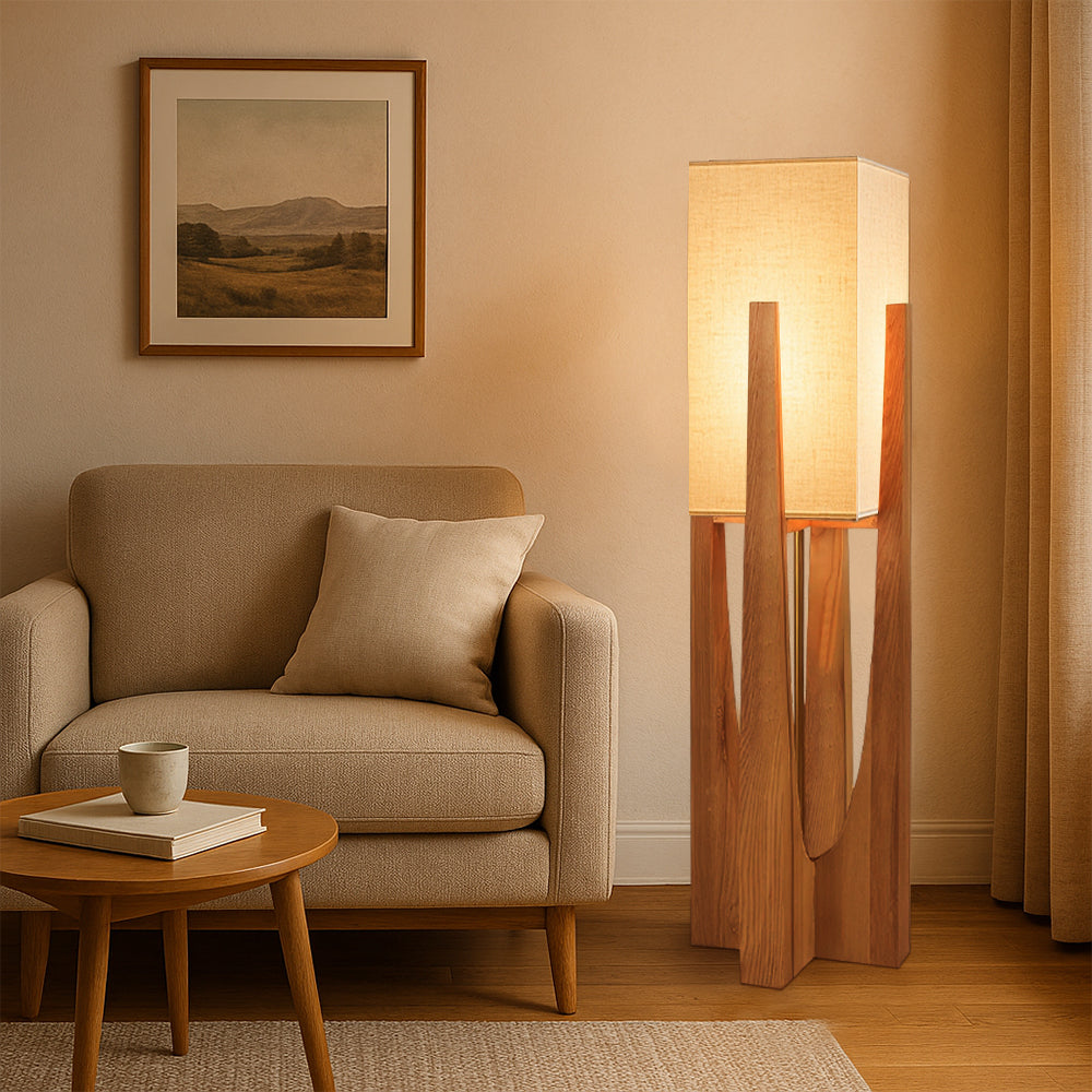 Floor Lamp Scandinavian Wood Base with Square Fabric Shade