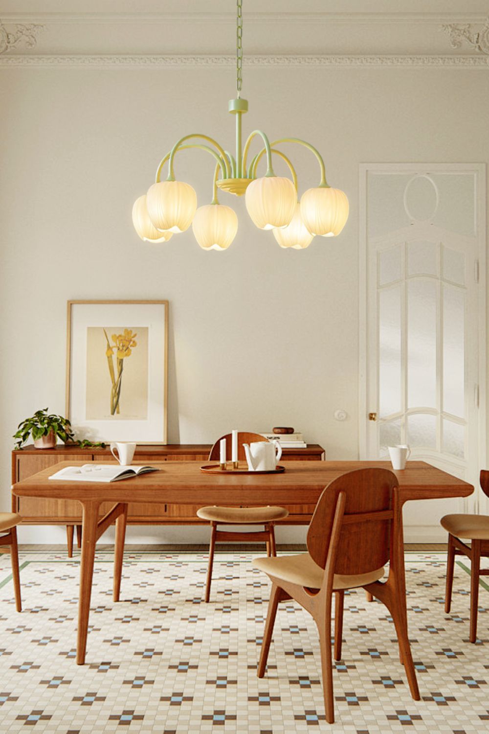 Floral Chandelier Bohemian with Tulip Glass Shades and Adjustable Chain