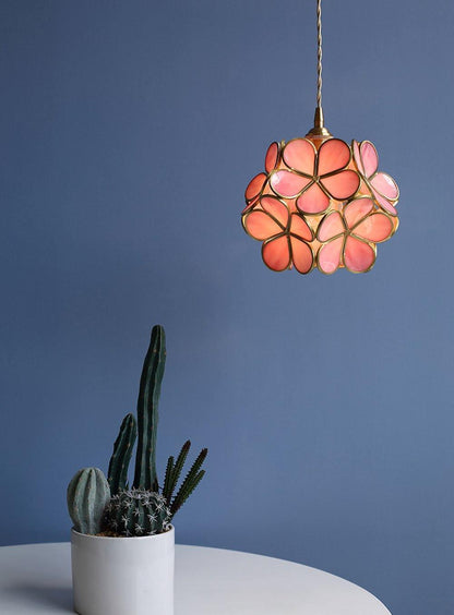 Floral Glass Pendant Lamp Art Deco with Brass Fitting and Petal Shade