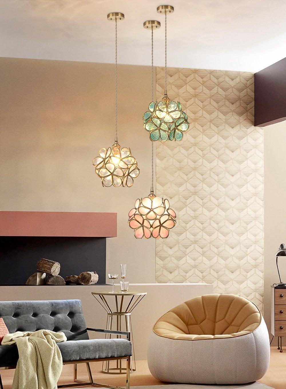 Floral Glass Pendant Lamp Art Deco with Brass Fitting and Petal Shade