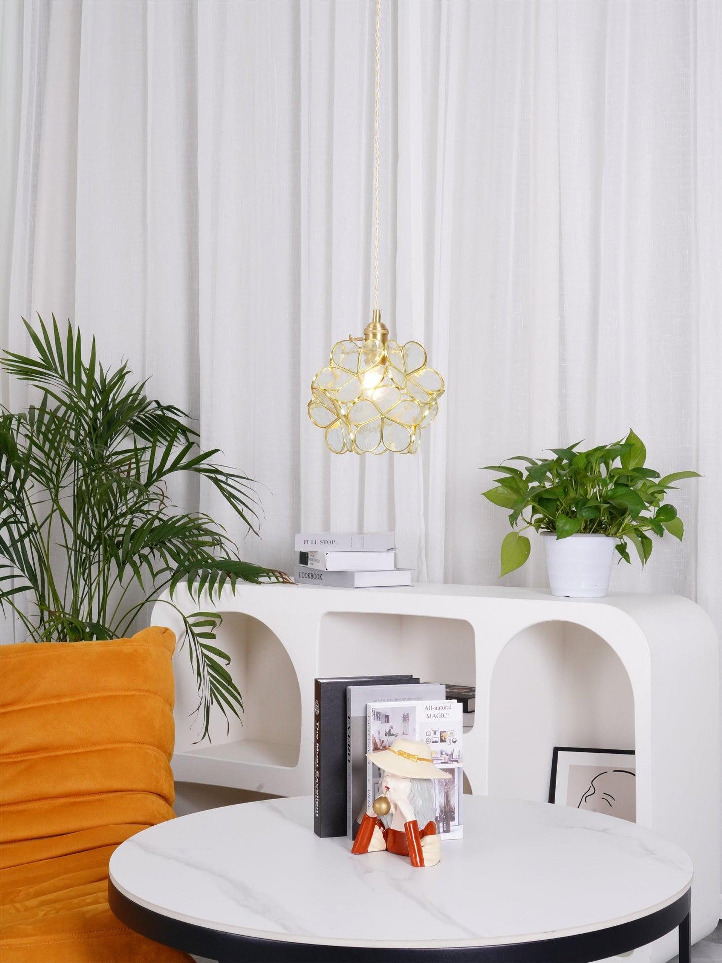 Floral Glass Pendant Lamp Art Deco with Brass Fitting and Petal Shade