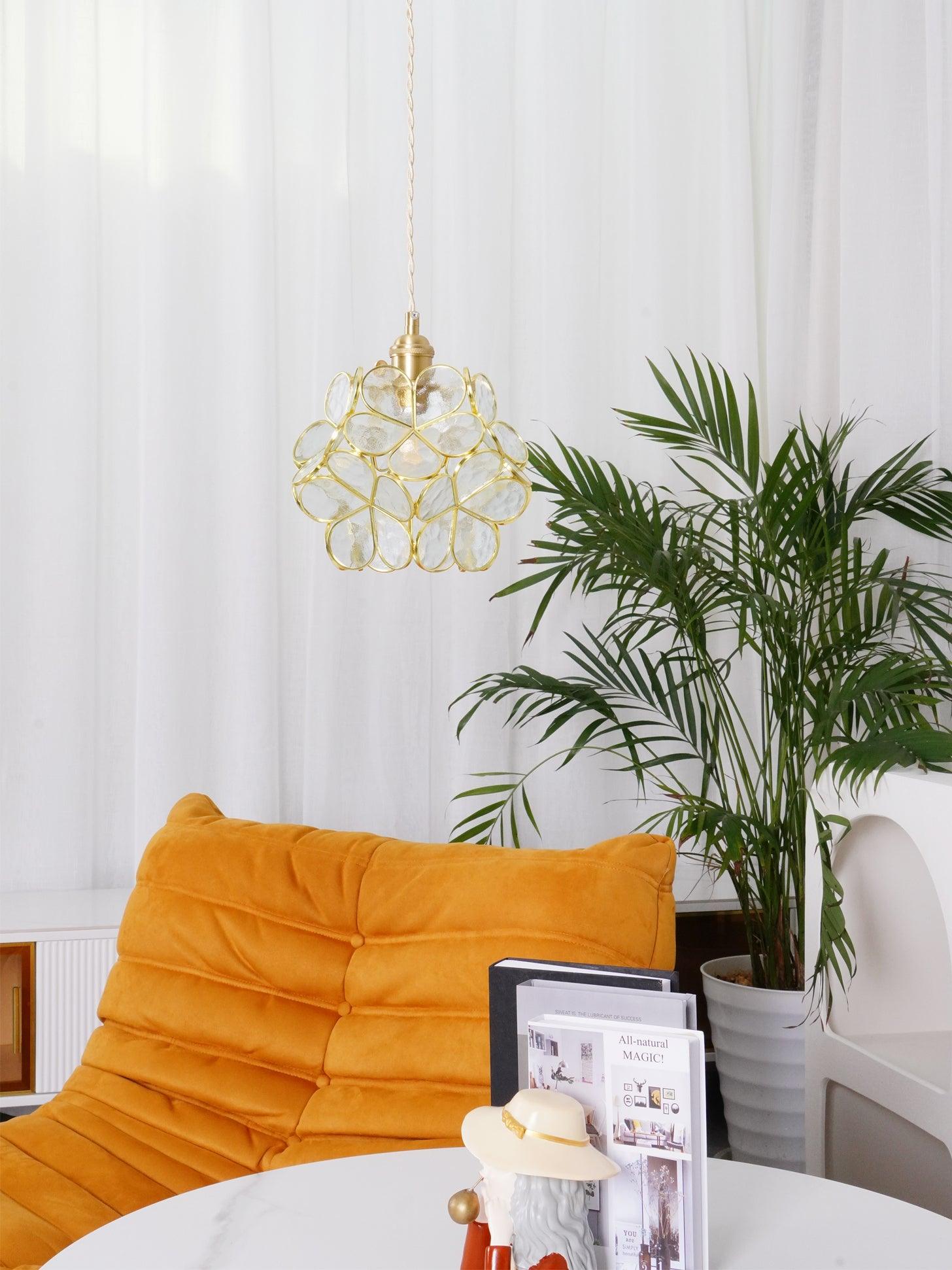 Floral Glass Pendant Lamp Art Deco with Brass Fitting and Petal Shade