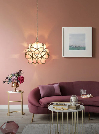 Floral Glass Pendant Lamp Art Deco with Brass Fitting and Petal Shade