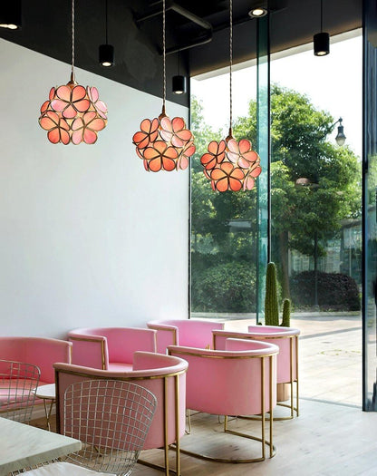 Floral Glass Pendant Lamp Art Deco with Brass Fitting and Petal Shade