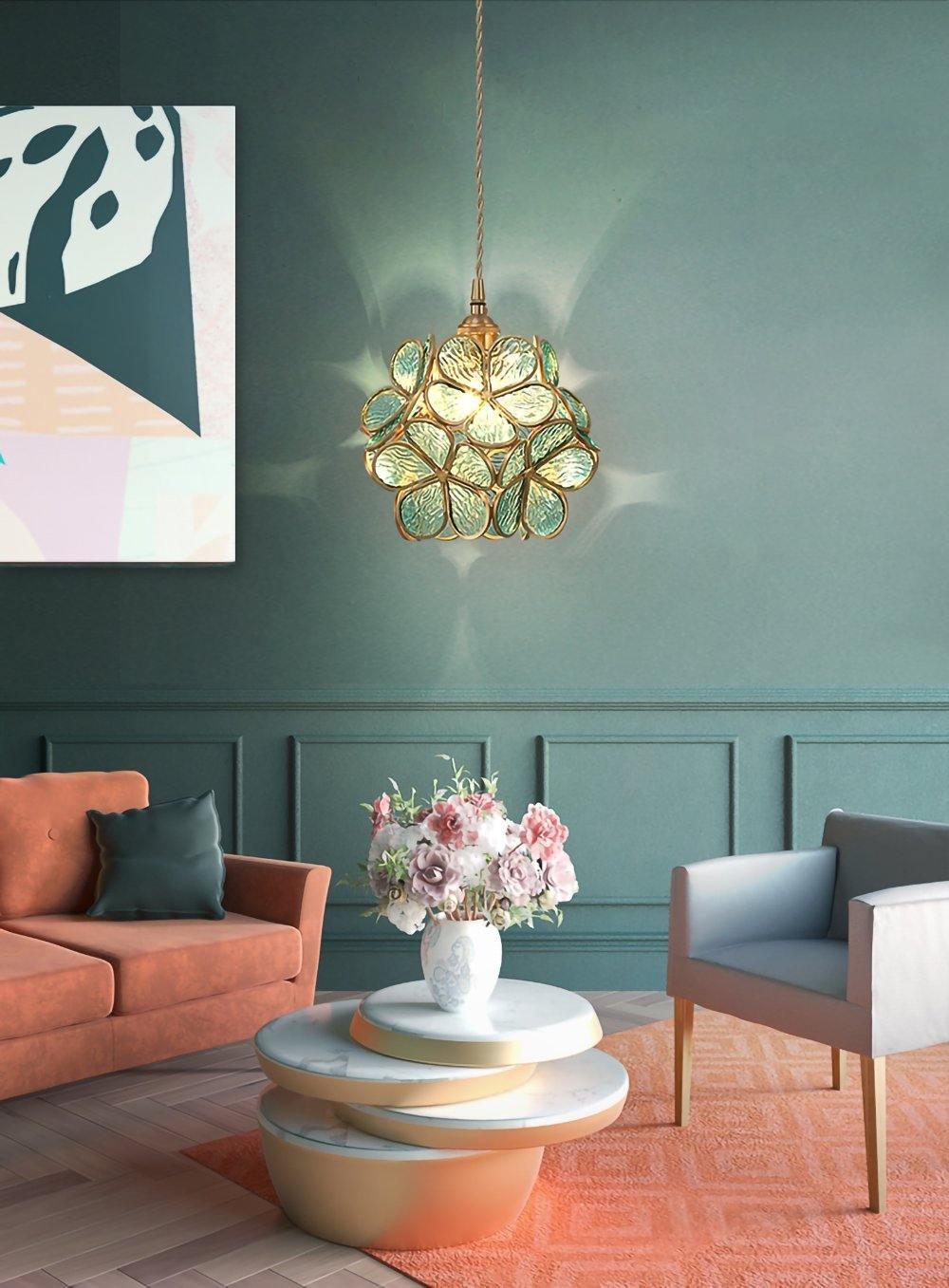Floral Glass Pendant Lamp Art Deco with Brass Fitting and Petal Shade