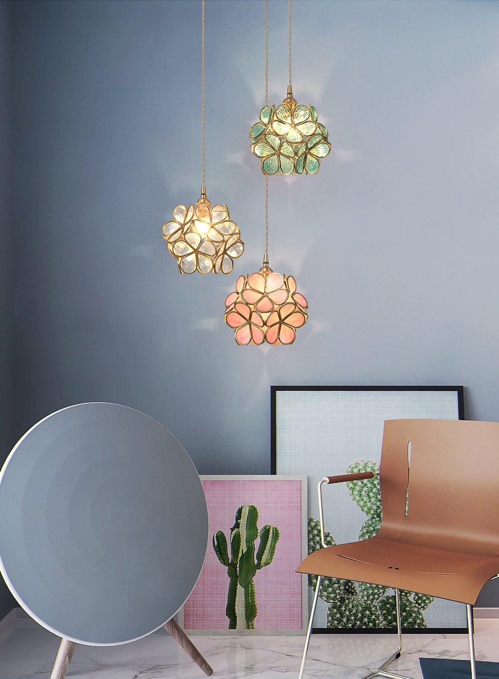 Floral Glass Pendant Lamp Art Deco with Brass Fitting and Petal Shade