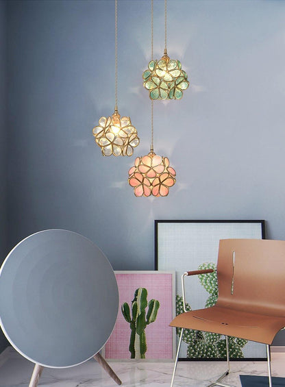 Floral Glass Pendant Lamp Art Deco with Brass Fitting and Petal Shade