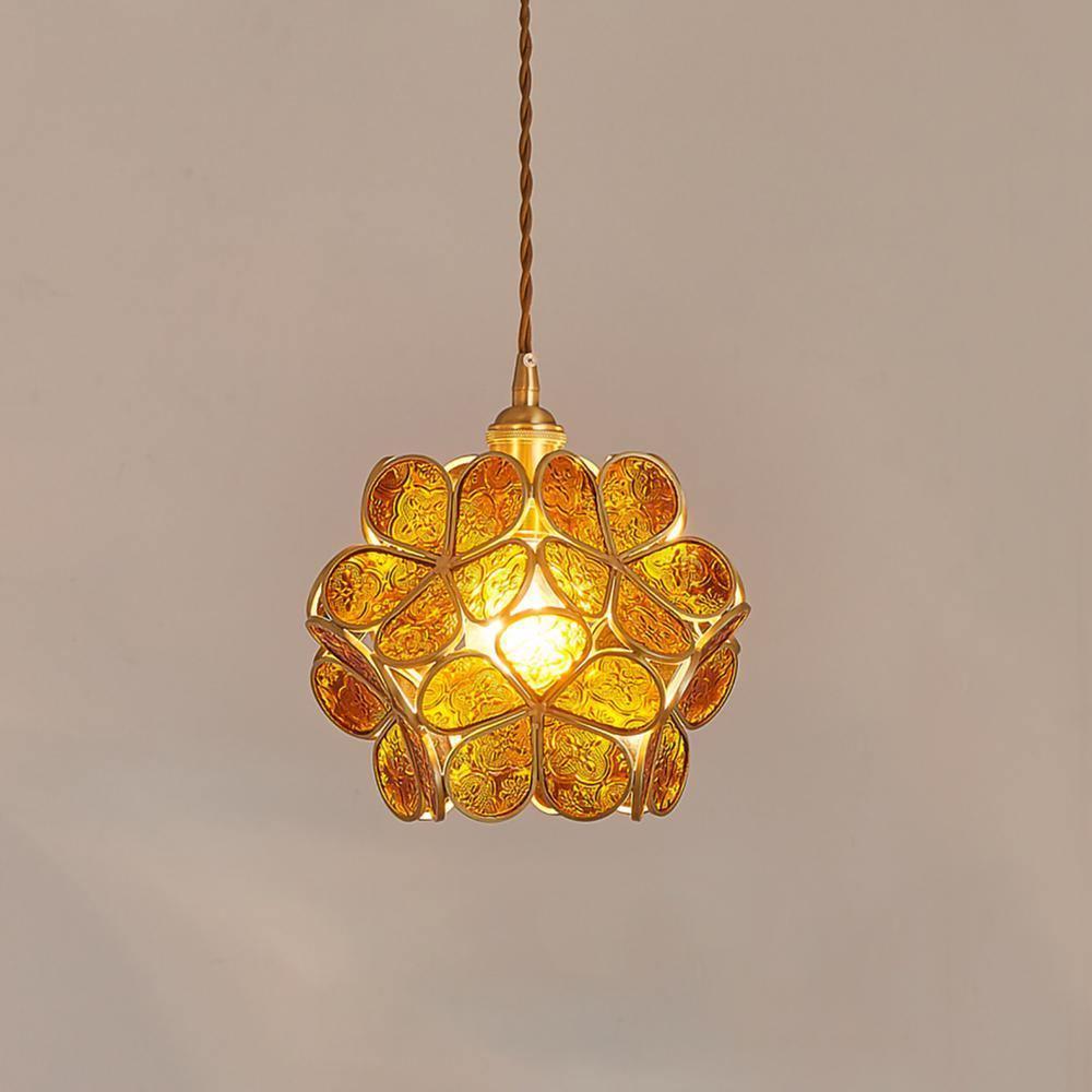 Floral Glass Pendant Lamp Art Deco with Brass Fitting and Petal Shade