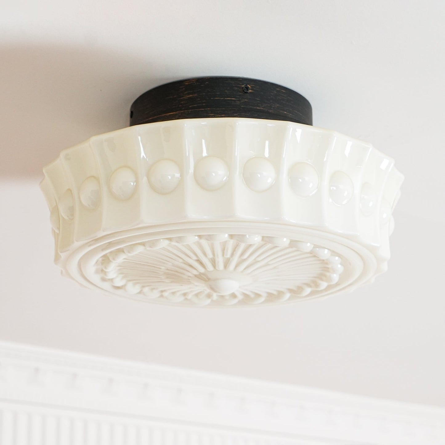 Flush Mount Ceiling Lamp Art Deco with Ornate Glass Shade and Hardwired Fitting