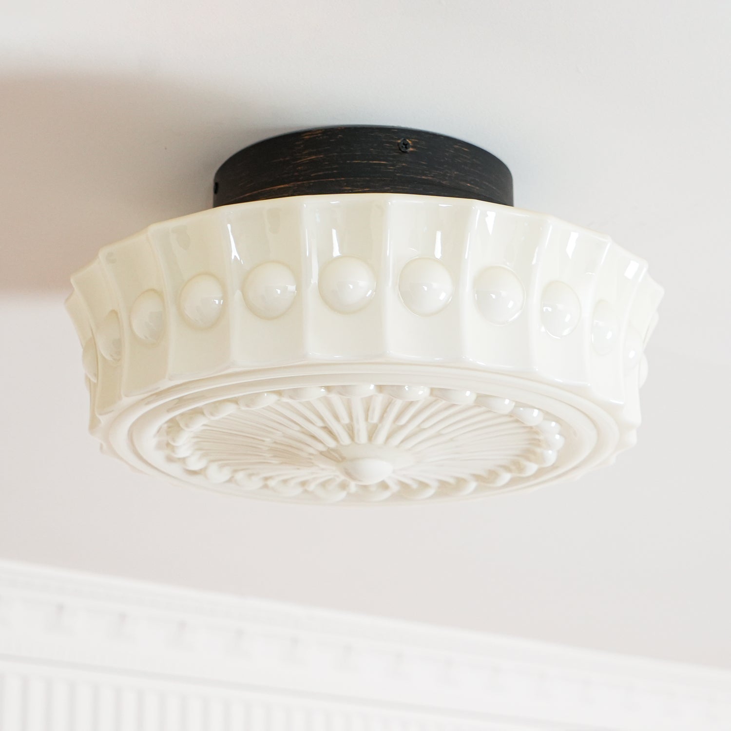 Flush Mount Ceiling Lamp Art Deco with Ornate Glass Shade and Hardwired Fitting