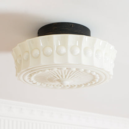 Flush Mount Ceiling Lamp Art Deco with Ornate Glass Shade and Hardwired Fitting