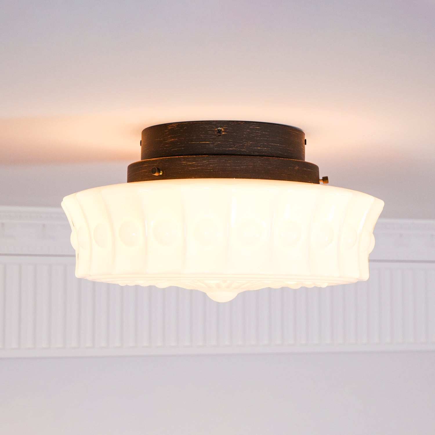 Flush Mount Ceiling Lamp Art Deco with Ornate Glass Shade and Hardwired Fitting