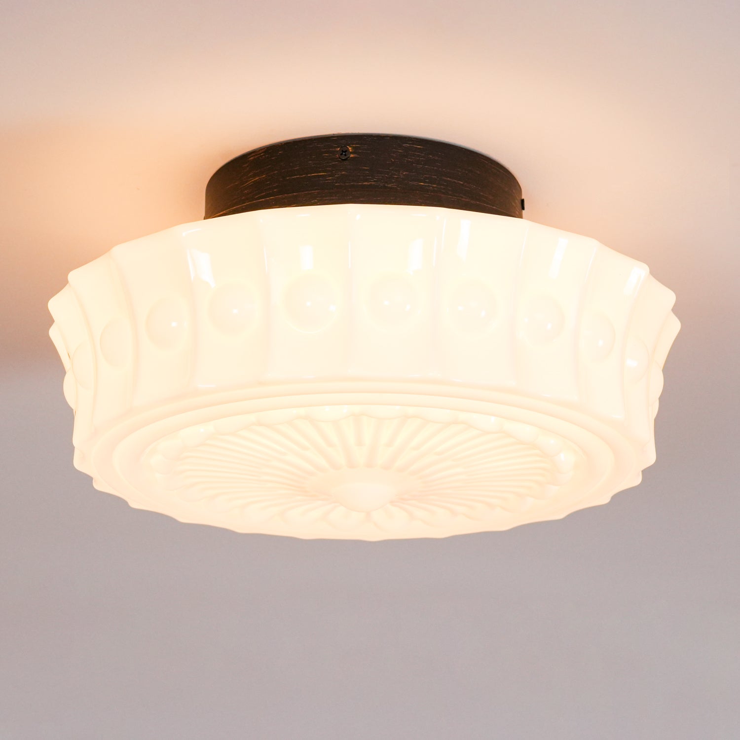 Flush Mount Ceiling Lamp Art Deco with Ornate Glass Shade and Hardwired Fitting