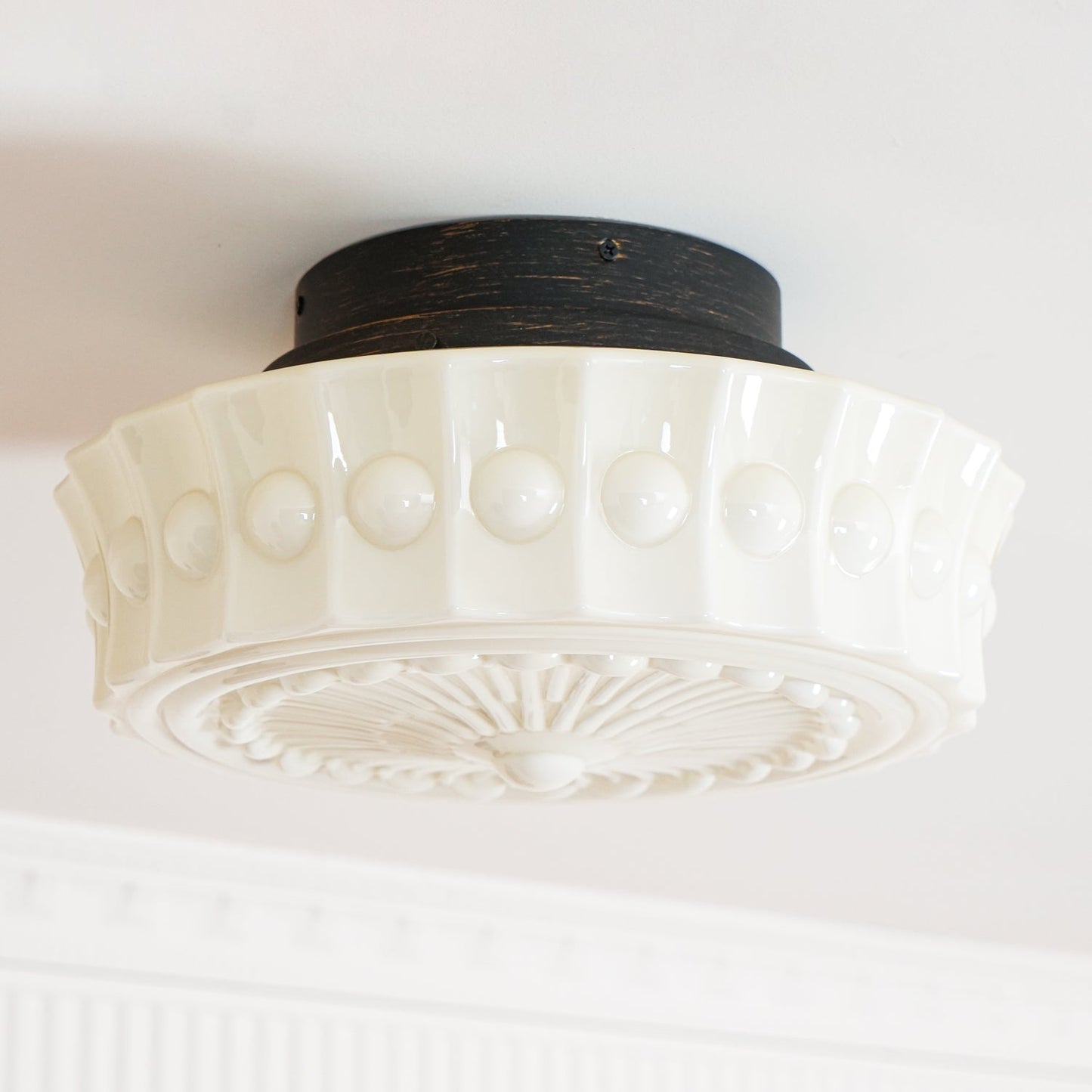 Flush Mount Ceiling Lamp Art Deco with Ornate Glass Shade and Hardwired Fitting
