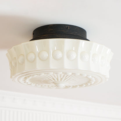 Flush Mount Ceiling Lamp Art Deco with Ornate Glass Shade and Hardwired Fitting