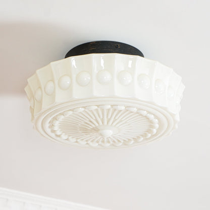 Flush Mount Ceiling Lamp Art Deco with Ornate Glass Shade and Hardwired Fitting