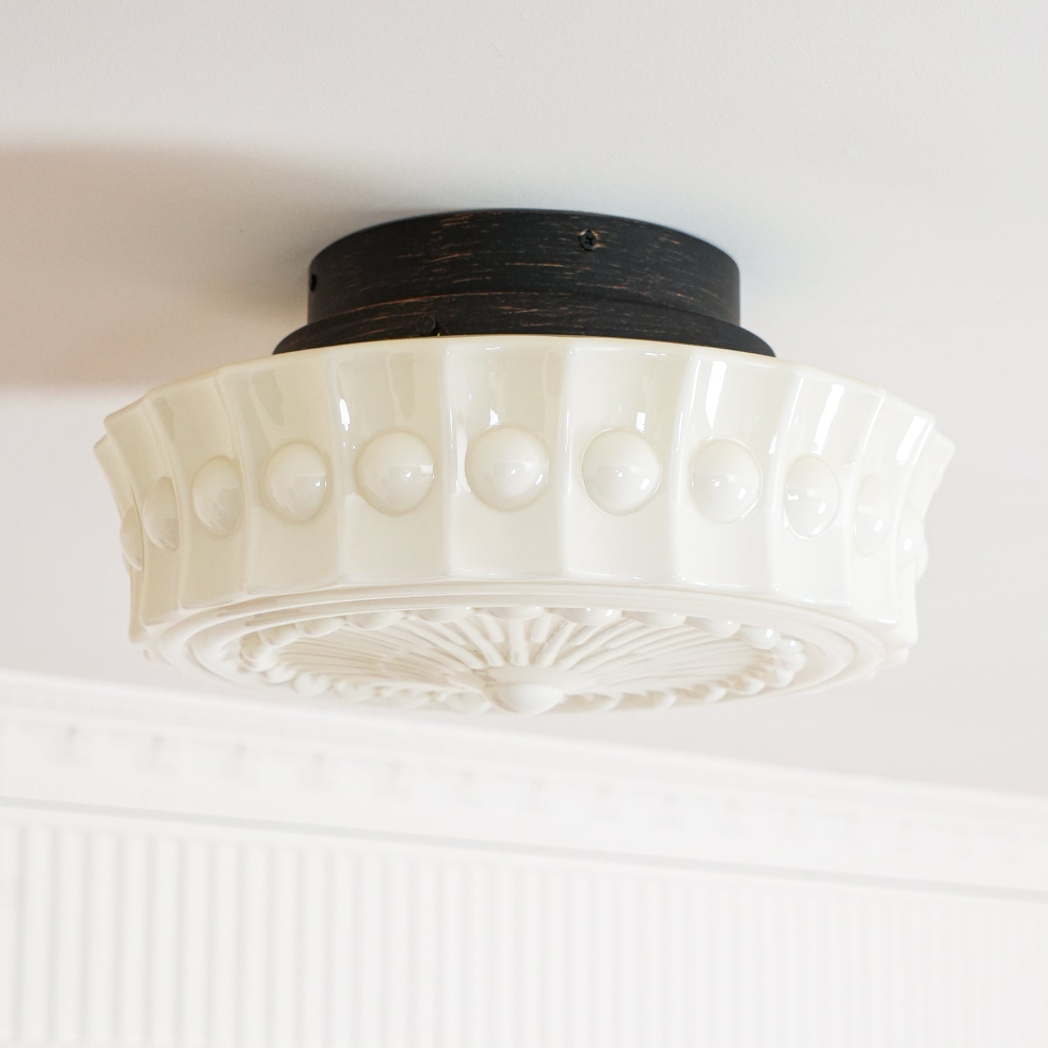 Flush Mount Ceiling Lamp Art Deco with Ornate Glass Shade and Hardwired Fitting