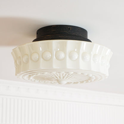 Flush Mount Ceiling Lamp Art Deco with Ornate Glass Shade and Hardwired Fitting